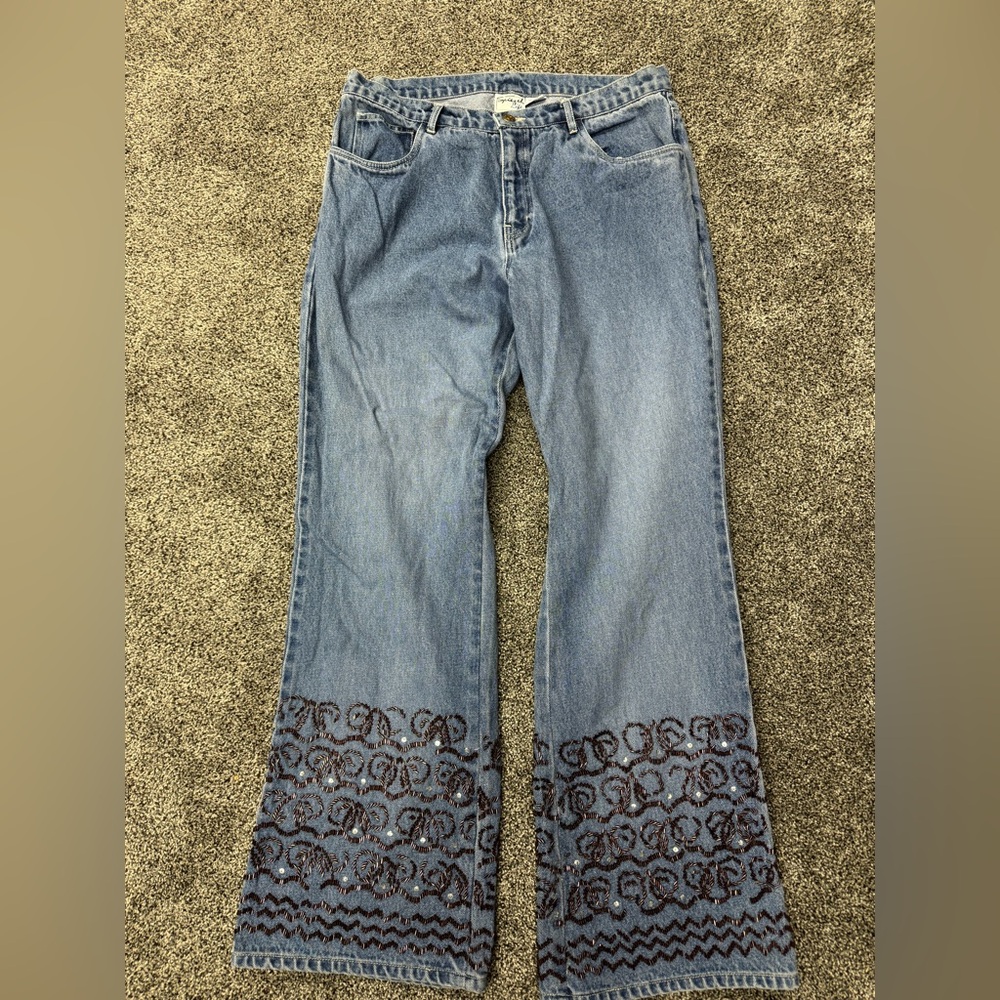 Spiegel Blue Straight Leg Jeans with Dark Blue Embroidered Hem